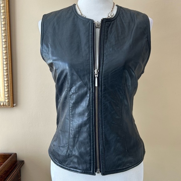 Vintage 90s Valerie Stevens New Zealand Lambskin Lamb Leather Black Moto Vest S - Picture 5 of 9